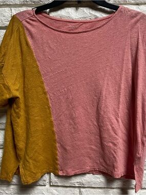 Garnet Hill Organic Linen Color Block Tee Shirt Boxy Jersey Knit peach gold sz S